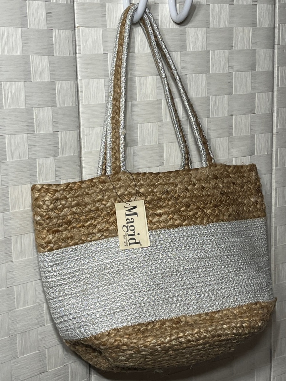 Magid Natural and Silver Two-Tone Straw Tote Jute Boho Beach Cruise Packable - Picture 2 of 7